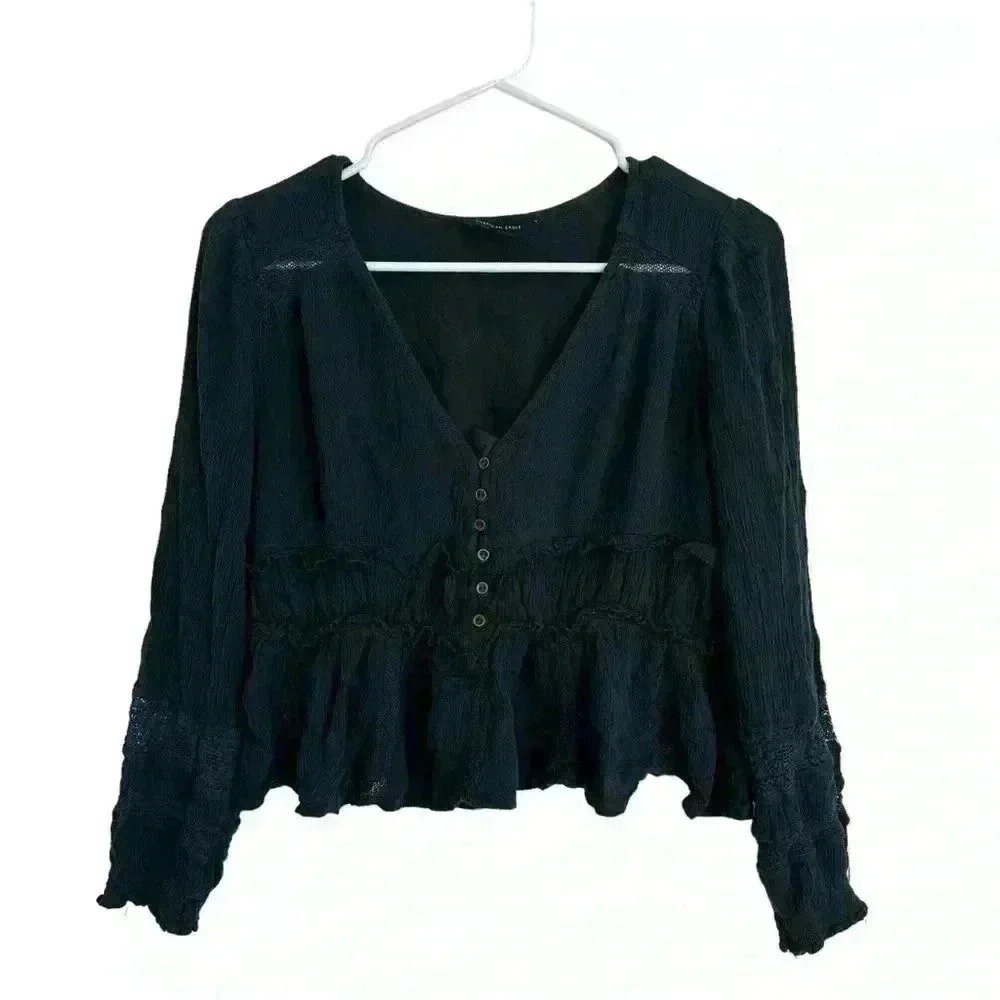 American Eagle Peasant Boho Green Blouse Long Sleeve Lace Light Women Small S